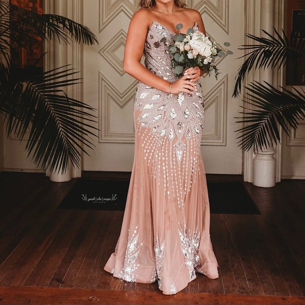 Tan and Silver Embellished Sweetheart Prom Gown